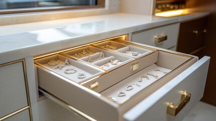 Elegant Storage Drawers with Soft Lighting Displaying Accessories
