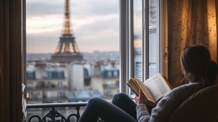 Parisian Evening: Woman Reading with Eiffel Tower View