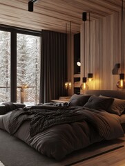 Luxurious Dark Bedroom With Winter Forest View