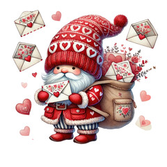 A whimsical Santa figure dressed in red and white, holding love letters, surrounded by hearts, conveying a festive and affectionate theme.