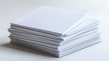 78.A stack of blank brochures with pure white covers, slightly fanned out, positioned on a sleek white background with subtle lighting to emphasize texture.