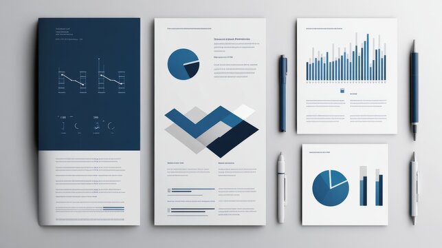 106.A sophisticated business report template with rectangular and triangular elements aligned to create a balanced and engaging visual hierarchy, using shades of blue and grey.
