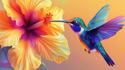 Obraz premium Vibrant Hummingbird Feeding on a Hibiscus Flower