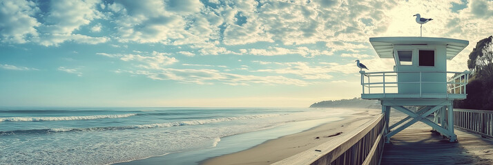 Serene Beach Background with Lifeguard Tower