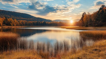 Fototapeta premium Serene sunset over a tranquil lake surrounded by autumn foliage and mountains.