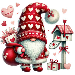 A whimsical gnome in a red hat adorned with hearts, holding a gift bag and standing next to a love-themed mailbox.
