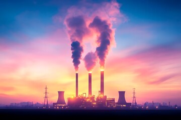 Industrial pollution emission at sunset factory environment photography dramatic viewpoint