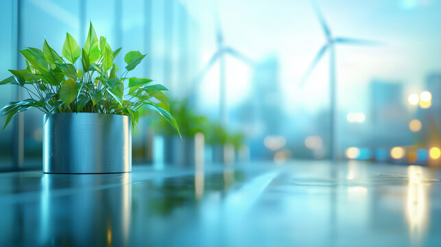 Lush green plants in modern office with wind turbines in background, scg concept