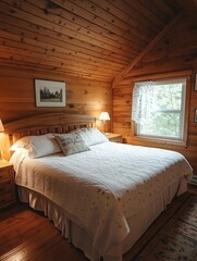 Cozy Cabin Bedroom With Wooden Walls And White Bedding