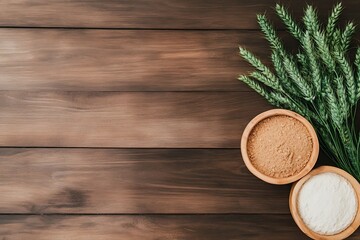 Naklejka premium Home kitchen overhead natural ingredients for healthy cooking with flour and spices