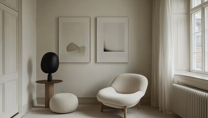 Minimalist living room interior with beige armchair, abstract art, and round ottoman.