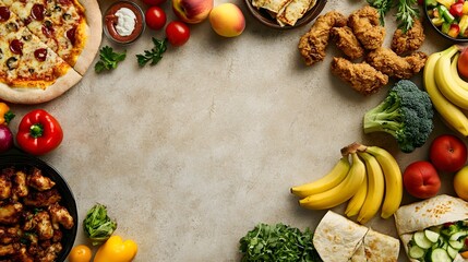 Delicious Food Platter: Pizza, Chicken, Fruit & Veggies