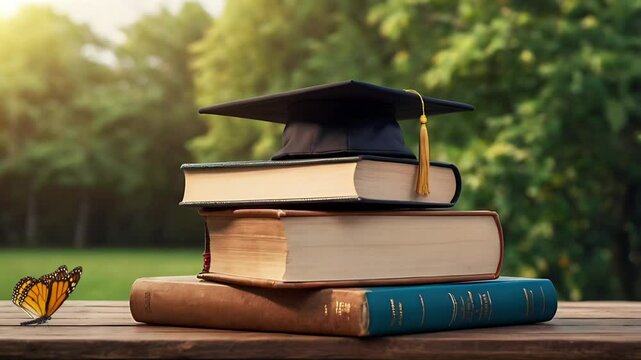 Graduation caps and gowns or toga hats on top of a pile of books. Seamless 4K looping timelapse video animation background