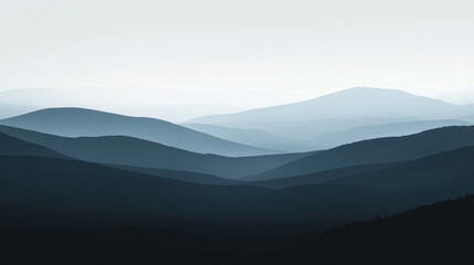Misty Mountain Majesty: Serene landscape photography showcasing a breathtaking vista of layered mountains shrouded in a soft, ethereal mist. The image evokes a sense of tranquility and wonder.