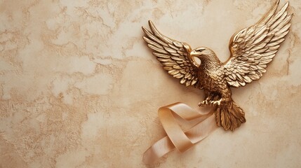 Golden Eagle Figurine with Ribbon on Textured Beige Background - Elegant Decorative Wall Art