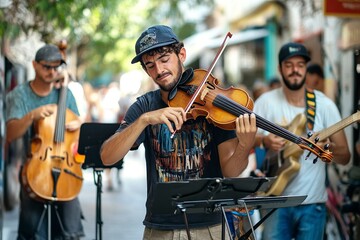 Fototapeta premium Music in the street, artists and musicians united in the love of the show. with generative ai