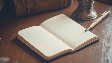 Fototapeta premium Open Notebook, Fountain Pen, Antique Setting - Cozy Writer's Desk