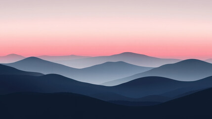 Serene Mountain Panorama at Sunset: Capture the tranquility of nature with this breathtaking image of rolling mountain ranges bathed in the soft glow of a pink sunset.