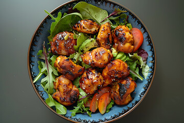 food photography, craft an attractive presentation of a blackened chicken salad, featuring composition, lighting, styling, and the blue-patterned rim