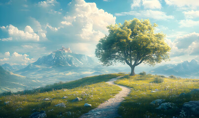 Lone tree, path, mountain, spring, idyllic landscape, digital art, background, nature, serenity, poster