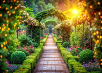 Obraz premium A symmetrical garden path, lush greenery creates a tranquil ambiance, softly blurred bokeh effect.