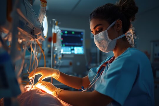 Female hispanic nurse caring for patient in hospital icu at night