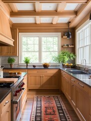 Elegant Wooden Kitchen With Center Island And Rug