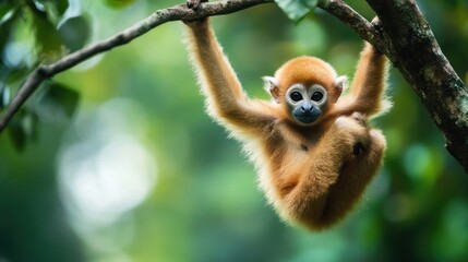 Fototapeta premium Adorable golden langur monkey baby hanging on a tree branch in lush green forest.