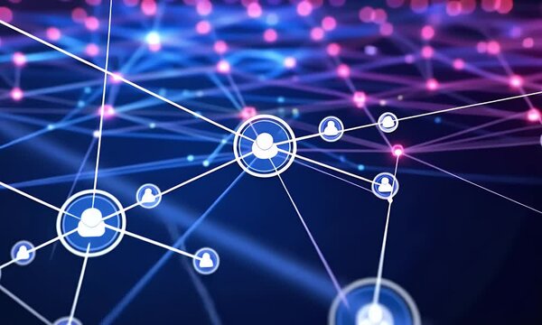 Abstract network connection lines and nodes glowing in blue and pink.