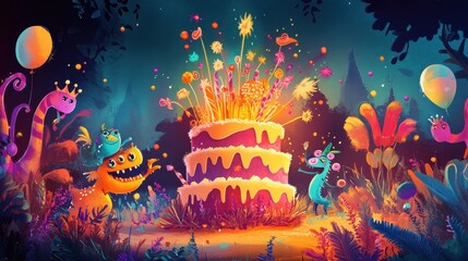 Obraz premium Fantastical Creatures Celebrate a Birthday Cake