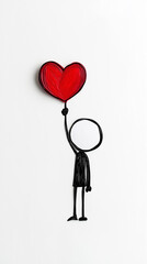 Stick figure holding red heart shaped balloon symbolizing love and happiness