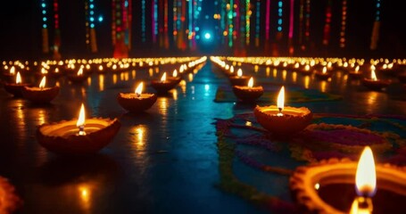 Capture a vibrant real picture of Diwali celebrations, featuring glowing oil lamps, colorful rangoli designs, and festive lights that illuminate the joyful spirit of the Festival of Lights.