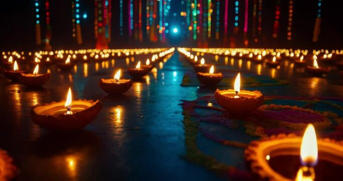 Capture a vibrant real picture of Diwali celebrations, featuring glowing oil lamps, colorful rangoli designs, and festive lights that illuminate the joyful spirit of the Festival&nbsp;of&nbsp;Lights.
