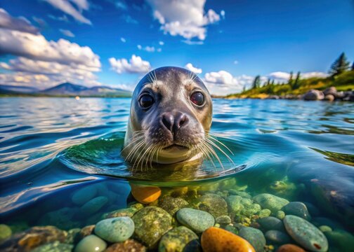 Close-up of a Baikal seal, Nerpa, resting on a Siberian stone beach. Underwater photography captures its serene beauty.
