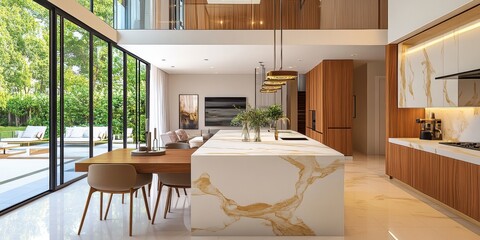 Modern luxury kitchen, warm wood paneling, marble countertops and island, spherical pendant lights, leather bar stools, minimalist design, floor-to-ceiling windows, lush greenery outside, high-end app