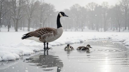 Fototapeta premium A majestic Canadian goose stands at the water's edge, its sleek black neck gazing to the right as it surveys its surroundings amidst a mottled brown and white coat