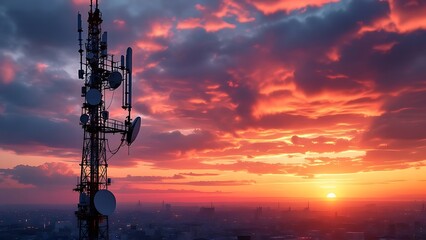 Naklejka premium Communication tower against a stunning sunset sky.