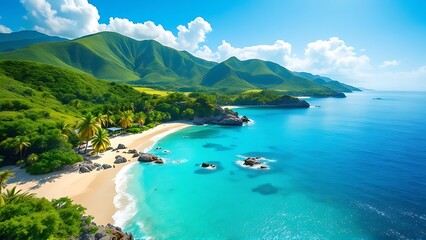 Obraz premium Beach Aerial View. Island Landscape of popular tourist destination. island country in the Atlantic Ocean.