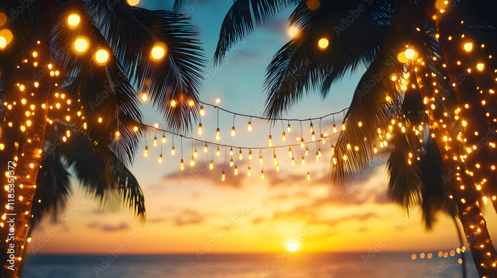 Poster a serene sunset view with glowing lights strung between palm trees, creating a romantic atmosphere o