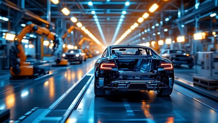 Fototapeta premium Car frame in an automotive factory on an assembly line.