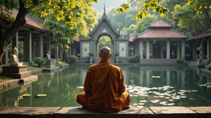 A serene Buddhist monk sits on a weathered stone wall, clad in vibrant orange robes, gazing out at a tranquil pond beyond