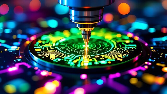 Extreme ultraviolet lithography (EUV) process in AI chip manufacturing, showing a silicon wafer being etched with precise patterns, with high-tech EUV machinery and laser beams in the background.