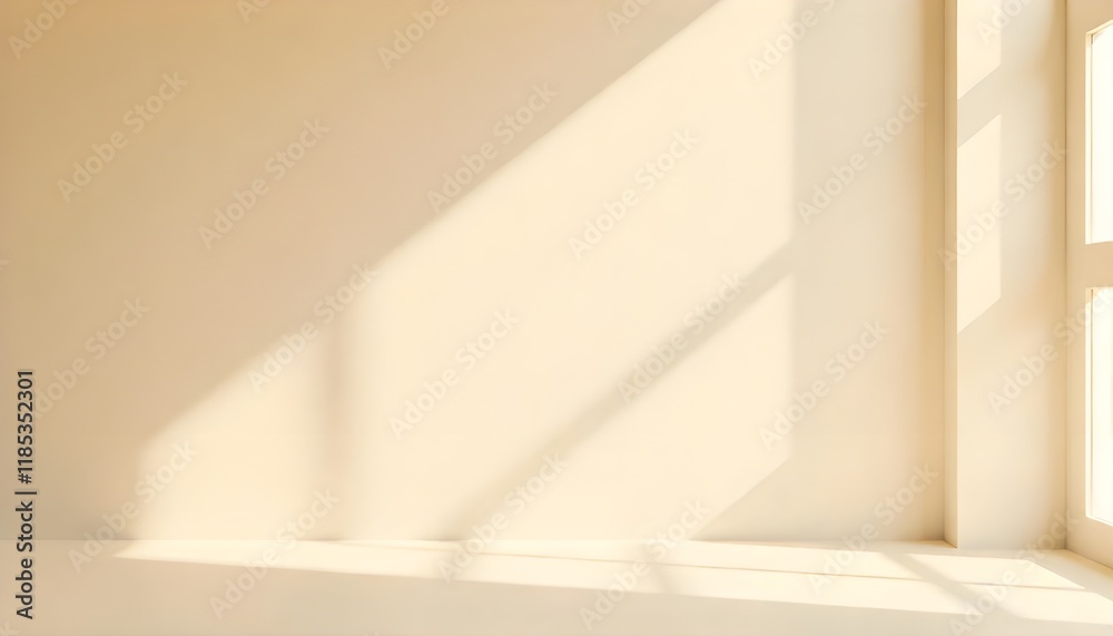 Poster A minimalistic light beige background for product presentation, enhanced by soft lighting and intricate shadows cast from a window and wall