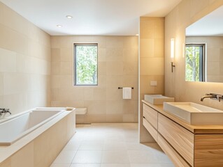 Modern minimalist bathroom design with natural light and neutral tones
