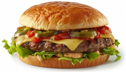 A juicy hamburger with melted cheese, lettuce, tomato, and jalapenos on a toasted bun.