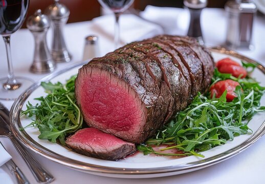 Succulent Rostbeef Dish on a Silver Platter Surrounded by Arugula and Tomato, Perfect for Gourmet Dining in an Elegant Restaurant Setting
