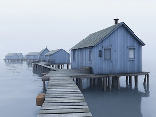 Noon at a Weathered Wood Fishing Village Under Repair