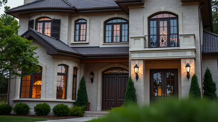 Fototapeta premium A two-story beige house with dark brown doors and windows, lit from within. Landscaped shrubs and trees surround the house. The architectural style is traditional with ornate detailing.