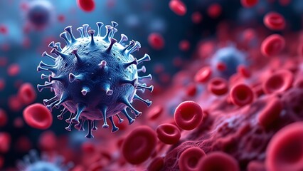 Microscopic enlargement of blue virus among red Blood cells in Artery - floating cells in body -covid, influenza, sars, corona, hiv, mers, cholera, variola, measles - disease organisms