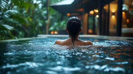 Serene Swim in Luxurious Outdoor Pool at Villa Surrounded by Rainforest